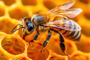 Closeup of a bee on a honeycomb. Background image. Created with Generative AI technology.