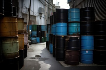Сolorful, weathered oil barrels rows in warehouse, cargo ship, industrial vibe - 774920908