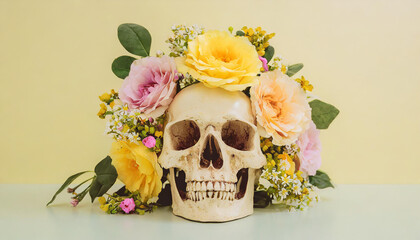 Elegant skull adorned with beautiful flowers. Light yellow backdrop.