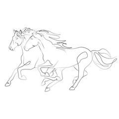 Galloping two horses. Horse logo. Continuous one line drawing.  Black and white vector illustration. Animals image for logo, card, banner, poster, flyer.