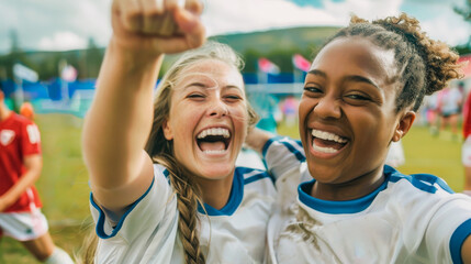 Two young teenage female soccer players celebrating victory - Multiracial girls raising hands while hugging each other - Models by AI generative