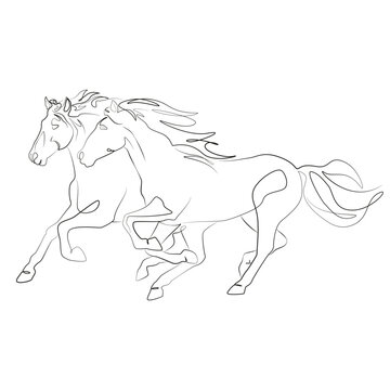 recommend clip art: Galloping two horses. Horse logo. Continuous one line drawing.  Black and white vector illustration. Animals image for logo, card, banner, poster, flyer.