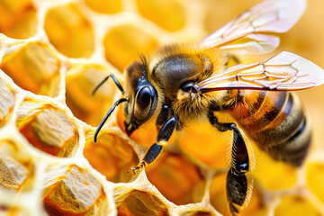 Closeup of a bee on a honeycomb. Background image. Created with Generative AI technology. - obrazy, fototapety, plakaty