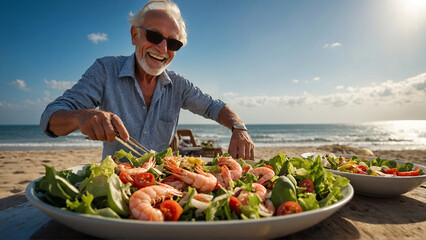 Cheerful senior man is cooking healthy shrimps salad on the luxury sea beach, against the backdrop of the blue sky. - 774921361