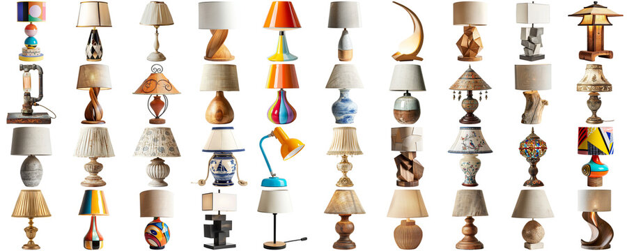Big collection set of lamp in various styles retro vantage and modern bedside nightstand lighting different table lamp for interior decoration furniture element, isolated on transparent background