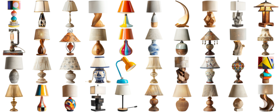 Big collection set of lamp in various styles retro vantage and modern bedside nightstand lighting different table lamp for interior decoration furniture element, isolated on transparent background