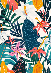 Fototapeta premium Tropical plants and flowers flat illustration seamless pattern