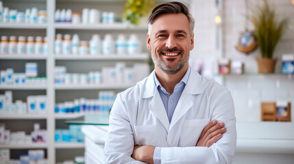 Portrait of a smiling pharmacist in a white coat behind the counter of a pharmacy - pharmacist and medicines concept