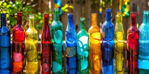 playful fence using multicolored glass bottles