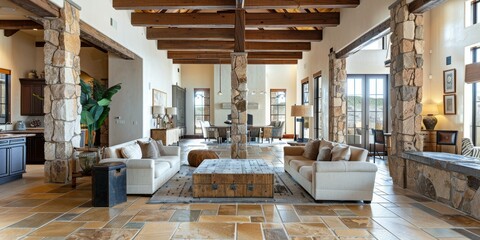 Polished stone pillars with connecting wood beams - Powered by Adobe