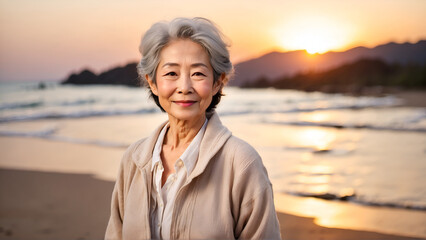 Portrait of Japanese senior woman in beach 