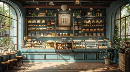 Inviting bakery with a display case full of treats and cozy seatingup32K HD