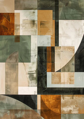Abstract art, geometric shapes in earth tones of olive green, beige, brown, grey and white