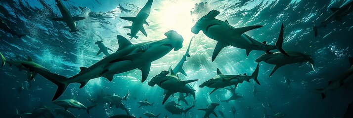 Graceful hammerhead sharks in clear ocean waters, iconic creatures in cinematic low angle shot - obrazy, fototapety, plakaty