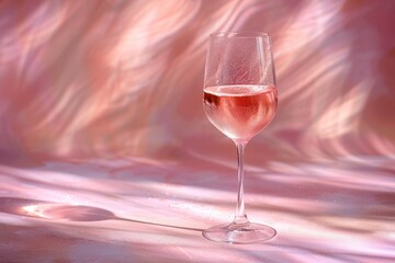 A fresh, morning dew ambiance showcasing a glass of rose wine, light streaming through, casting a soft shadow on a pastel surface, ample copy space to the left.