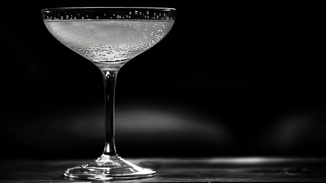 A noir-style, monochrome image of a classic cocktail glass, condensation beads on the surface, spotlight highlighting the glass against a dark backdrop, space to the left for text