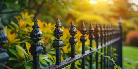 Sturdy, wrought iron fence with decorative finials