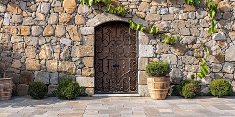 stone wall with integrated wrought iron sections