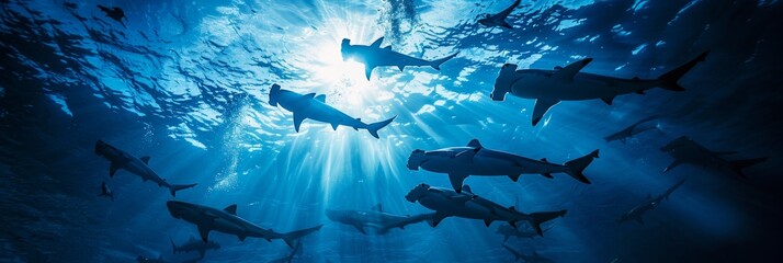Graceful hammerhead sharks in crystal waters  iconic creatures in cinematic low angle shot - obrazy, fototapety, plakaty