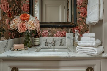 Elegant powder room with floral wallpaper and antique mirror8K