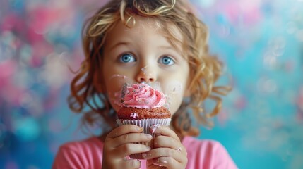 Portrait of a happy kid biting a cupcake with a blurry clean empty backdrop and space for text or product, Generative AI. - obrazy, fototapety, plakaty