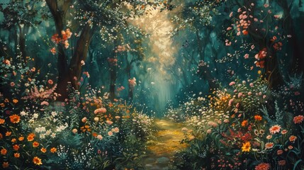 A whimsical interpretation of a fairy-tale forest, filled with magical creatures and ethereal beauty, captured in oil paints.