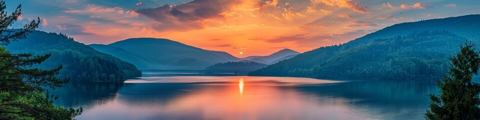 Fototapeta premium A beautiful sunset over a lake with mountains in the background, AI