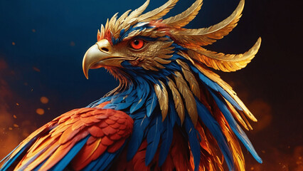 Fototapeta premium Close-up portrait of a blue-red-gold phoenix