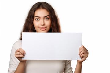 Naklejka premium Portrait of a beautiful young woman holding a blank sheet of paper