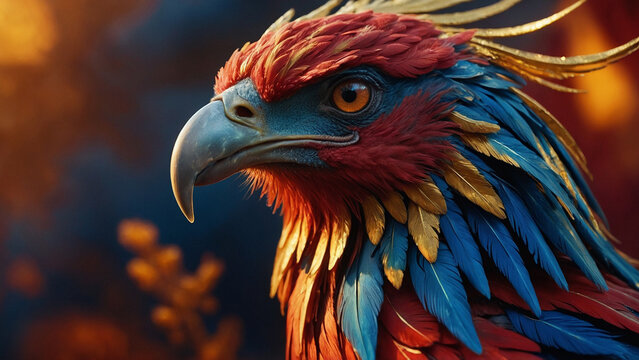 Close-up portrait of a blue-red-gold phoenix