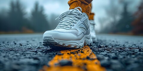 Closeup of a persons shoe in motion ideal for articles on walking benefits exercise and inspirational quotes. Concept Closeup Photography, Shoe in Motion, Walking Benefits - obrazy, fototapety, plakaty