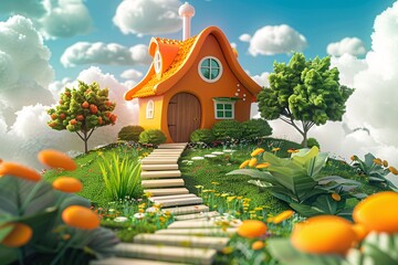 a cartoon house with a path in the grass