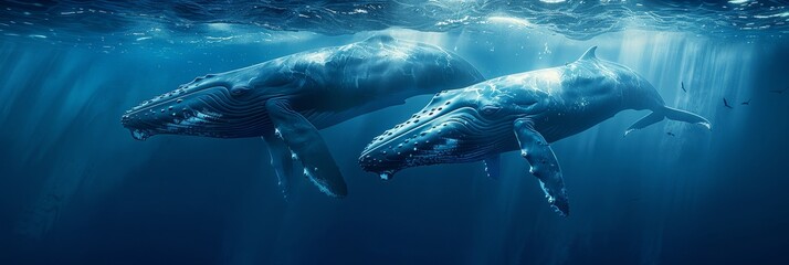 Blue whales breaching and diving in sync on annual migration in photorealistic ocean scene - obrazy, fototapety, plakaty