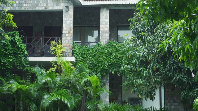 Rain dances on villa pool nestled in dense Asian jungles, offering serene living space that defines luxury amidst nature's embrace