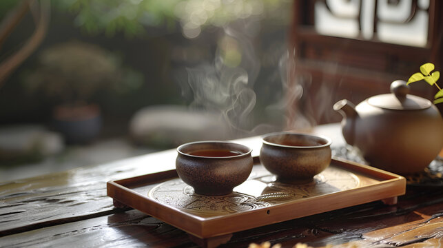 Two cups of green tea and teapot on wooden table and nature background with copy space,Outdoor spa massage setting on wooden plate with sunlight in the morning,green tea and ceramic teapot
