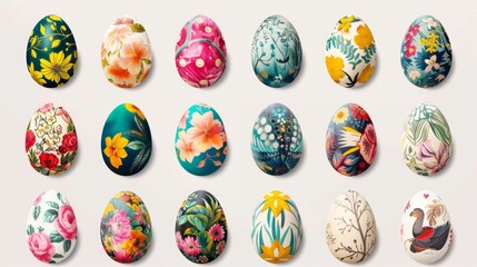 Collection of colourful hand painted decorated easter eggs on white background cutout file. Pattern and floral set. Many different design. Mockup template for artwork design