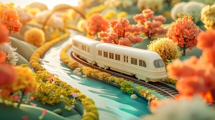 Train Journey Through Pastel Landscape - obrazy, fototapety, plakaty