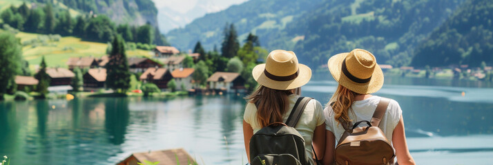 Two young women are enjoying a trip to a European village