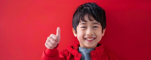 Happy Asian school boy giving thumbs up