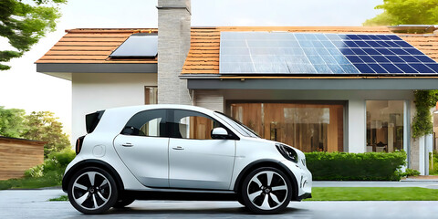 side view of a modern eco smart house with solar panels and electric futuristic white car. Solar Panels on a Roof Charging an Electric Vehicle and Home Battery Backup System.