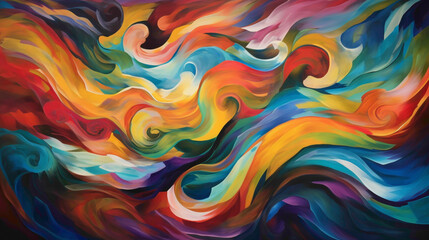 Harmonic Waves. Waves of vibrant colors harmoniously blending and merging, creating a symphony of movement and rhythm on the canvas. - obrazy, fototapety, plakaty