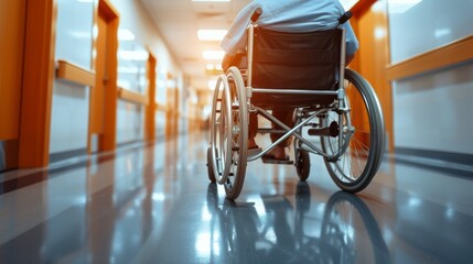 Person in Wheelchair in Hallway - obrazy, fototapety, plakaty