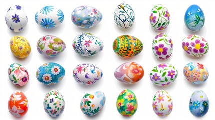 Collection of colourful hand painted decorated easter eggs on white background cutout file. Pattern and floral set. Many different design. Mockup template for artwork design