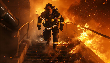 Brave Firefighter in Action Battling Blazing Inferno