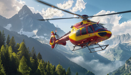 Fototapeta na wymiar Rescue Helicopter Flying over the Majestic Mountains