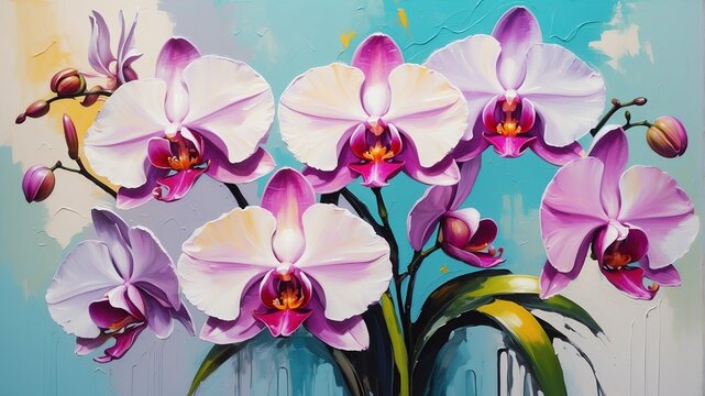 colorful orchid flower close-up pastel oil pallet knife paint painting on canvas with large brush strokes modern art illustration abstract from Generative AI