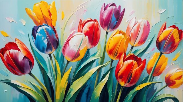 colorful tulips flower close-up pastel oil pallet knife paint painting on canvas with large brush strokes modern art illustration abstract from Generative AI