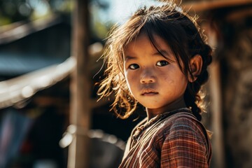 Portrait of a little girl with long hair in the village, Thailand.