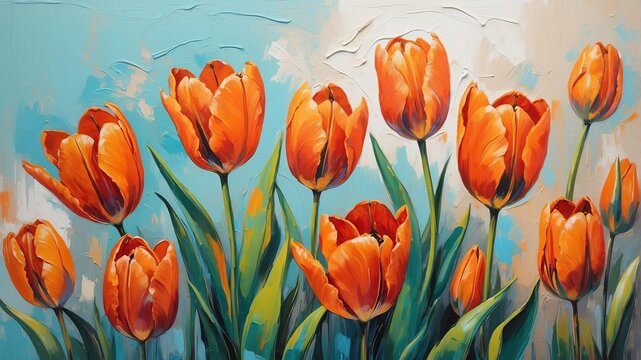orange tulips flower close-up pastel oil pallet knife paint painting on canvas with large brush strokes modern art illustration abstract from Generative AI