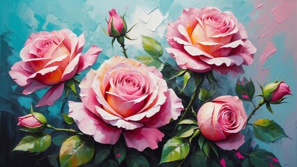 pink roses flower close-up pastel oil pallet knife paint painting on canvas with large brush strokes modern art illustration abstract from Generative AI